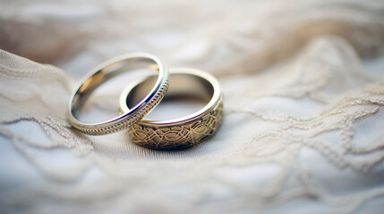 Softly placed wedding rings on a lace bridal gown symbolize love, elegance, and the bride's beauty. - obrazy, fototapety, plakaty