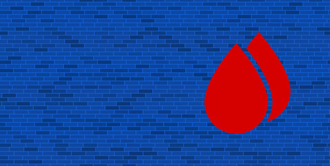 Blue Brick Wall with large red water drop symbol. The symbol is located on the right, on the left there is empty space for your content. Vector illustration on blue background