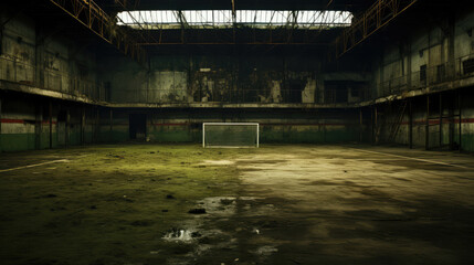 Old abandoned industrial building with a soccer goal in the center. - obrazy, fototapety, plakaty