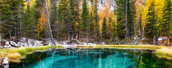 Geyser lake with turquoise water and beautiful patterns in the autumn forest, Altai Republic, Siberia, Russia. Popular tourist destination in Altai Mountains, picturesque place.