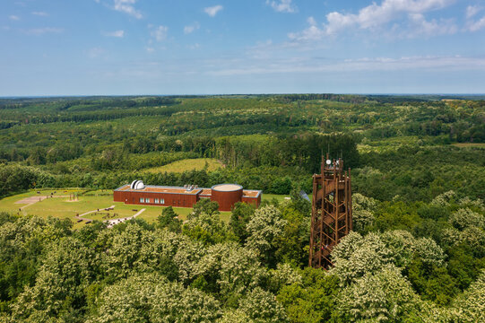 Aerial view about Zselic star park observatory and lookout tower in Baranya county, Hungary.