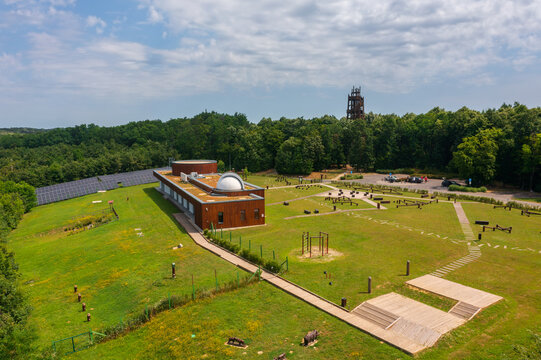 Aerial view about Zselic star park observatory and lookout tower in Baranya county, Hungary.