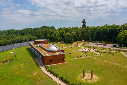 Aerial view about Zselic star park observatory and lookout tower in Baranya county, Hungary.