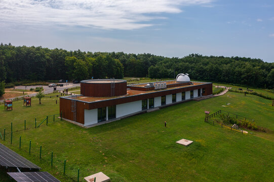 Aerial view about Zselic star park observatory and lookout tower in Baranya county, Hungary.