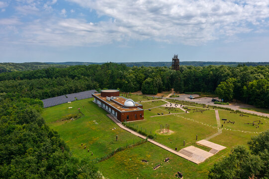 Aerial view about Zselic star park observatory and lookout tower in Baranya county, Hungary.