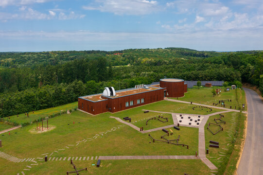Aerial view about Zselic star park observatory and lookout tower in Baranya county, Hungary.