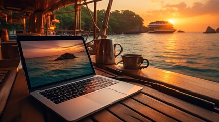 digital nomad man sitting on wooden pier at sea working