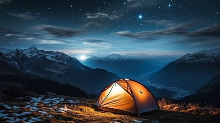 Tourist tent in the mountains at night with starry sky.