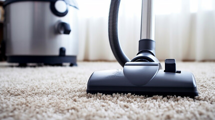 Witness the effectiveness of home cleaning with a close-up of a vacuum nozzle on a carpet. This image emphasizes the importance of maintaining a clean living space. - obrazy, fototapety, plakaty