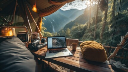 Young woman digital nomad engaging in remote work outside - obrazy, fototapety, plakaty
