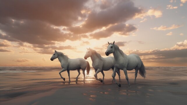 Five White horses running on the beach straight Ai generated art