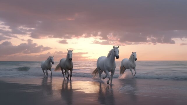 Five White horses running on the beach straight Ai generated art