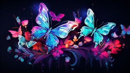 Obraz premium Flowers with butterflies design neon illustration beautiful image Ai generated art
