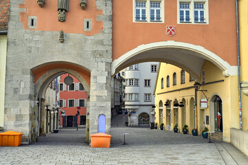 Stone bridge and street in Regensburg Germany