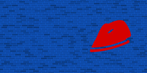 Blue Brick Wall with large red iron symbol. The symbol is located on the right, on the left there is empty space for your content. Vector illustration on blue background
