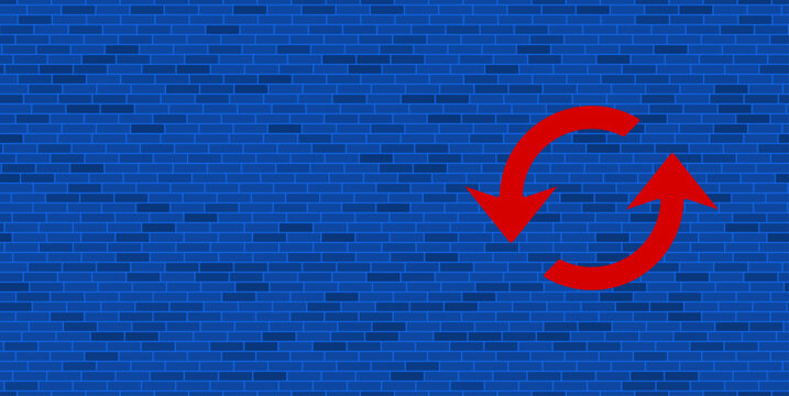 Blue Brick Wall with large red refresh symbol. The symbol is located on the right, on the left there is empty space for your content. Vector illustration on blue background