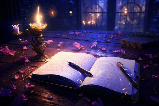 A book sits open on a table next to a candle, creating a warm and inviting scene. A magical winter dream. generative Ai