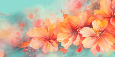 Fototapeta na wymiar Beautiful abstract coral, turquoise, and yellow watercolor floral design background. beautiful Generative AI AIG32
