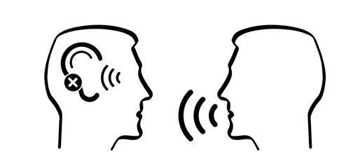 Hearing Loss. Communication problem with hearing impaired person. Hard hearing aid for the deaf editable. disability and deafness, voice sign. Plug for the medical problem. Hearing amplifier icon. 