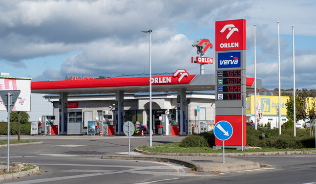 Zvolen, Slovakia - October, 8, 2023 : Orlen petrol station. Orlen S.A. is a Polish multinational oil refiner and petrol retailer. Gas station. Filling station.