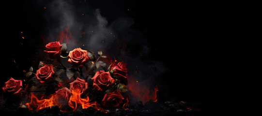 Burning roses on black background with copy space