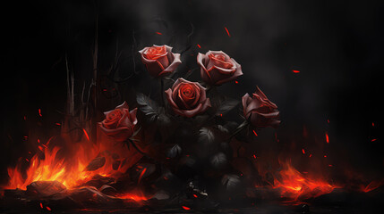 Red roses on a black background with smoke and fire. Love concept.