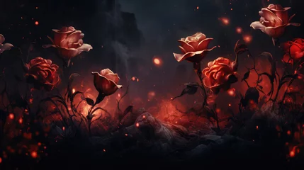 Fotobehang Red roses on a dark background. Fantasy. © Tida