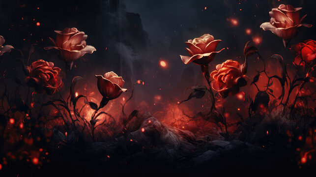 Red roses on a dark background. Fantasy.