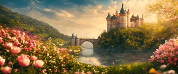 Schilderijen op glas Dreamy fairy tale landscape with a field of pink roses and a castle with a river passing through. Panoramic view. © Creative mind