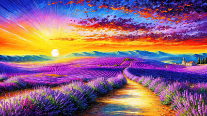 Lavender fields summer landscape in Provence at sunset, oil painting on canvas.