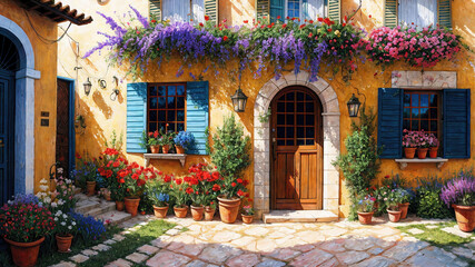 Fototapeta na wymiar Beautiful house surrounded by flowers, mediterranean architecture oil painting on canvas.