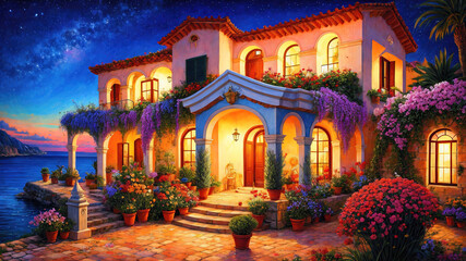 Beautiful house surrounded by flowers at night, mediterranean architecture oil painting on canvas.