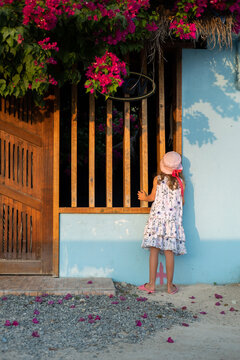 Little girl look through the fence of beautiful tropical house with a lot of buganvilia 