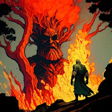 Moses meeting God as burning tree Marvel comics style 
