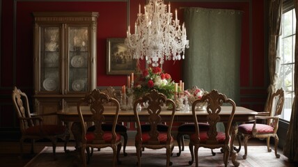 Fototapeta na wymiar Interior design inspiration of Traditional Classic style home dining room loveliness decorated with Wood and Upholstery material and Crystal Chandelier .Generative AI home interior design .