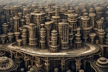 Generate an AI image of a surreal clockwork city where time flows in intricate, nonlinear patterns - obrazy, fototapety, plakaty