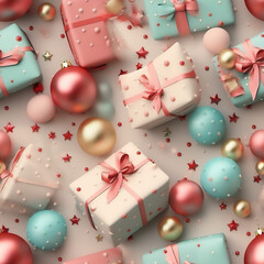 Beautiful Christmas and New Year pink bluer gift boxes with ribbon and glowing bokeh lights. Festive wrapping papper. Seamless pattern background. Ai Generated