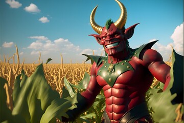 Realist Smiling red minotaur lost in a ripe corn maze surprised pose green corn plants full body space around the character leather costume very high corn corn made jewels sky fog dynamic lighting  - obrazy, fototapety, plakaty