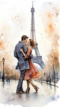 Romantic watercolor illustration of a man and a stylishly dressed woman looking at each other with love against the backdrop of the Eiffel Tower, in France, Valentine's Day