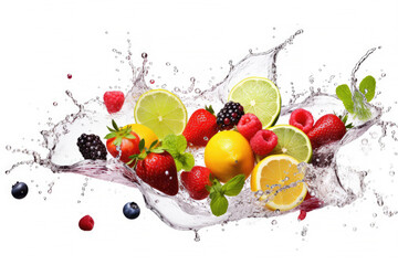 Water swirl wave splash with falling mix berries and fresh fruits isolated on white background,...