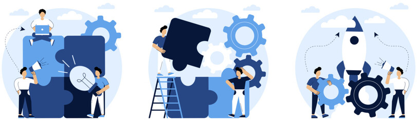 Teamwork set.Characters solve puzzles in a team, create new ideas and startups.Business teamwork together people connect puzzle elements.Workflow concept.Good successful teamwork concept.