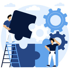 Teamwork scene.Business teamwork together people connect puzzle elements.Workflow concept.Good successful teamwork concept.Vector illustration.