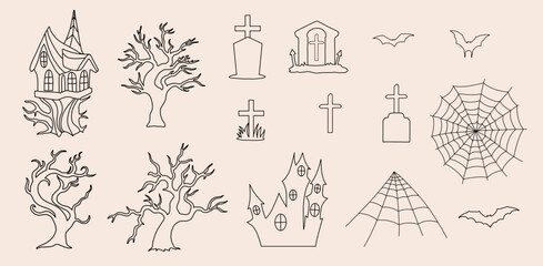 Vector Halloween Graveyard, Spooky Trees, Graves, Bats, Spider Webs, Witch Houses