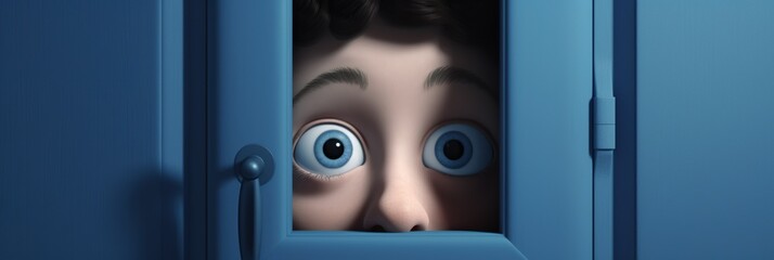 Boy peeking out of a blue door, concept of Curiosity