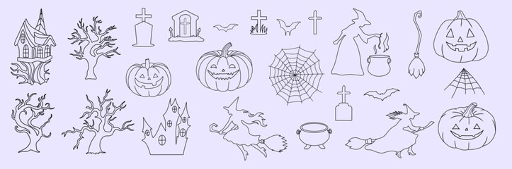 Spooky Cartoon Halloween Vector, Vector Halloween Decorations, Witch, Pumpkins, Jack o Lantern, Witch House, Spooky Tree, Spiderweb, Graveyard, Cauldron, Broom, Haunted House