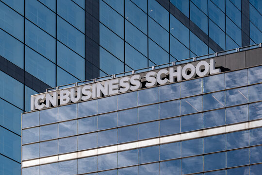 Puteaux, France - 9 octobre 2023: Enseigne sur le b&acirc;timent de l'ICN Business School, campus Paris La D&eacute;fense. ICN Business School est une Grande &Eacute;cole de management fran&ccedil;aise