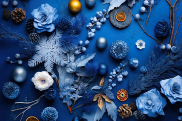 Fototapeta na wymiar Fantasy creative flat lay Christmas or New Year layout with Xmas blue and white decoratios on blue.