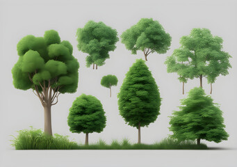 Greenery forest tree shapes cut out transparent backgrounds 3D rendering png. Generative AI