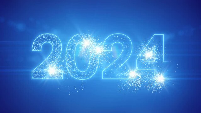 Video animation - abstract neon light in blue with the numbers 2024 - represents the new year - holiday concept.