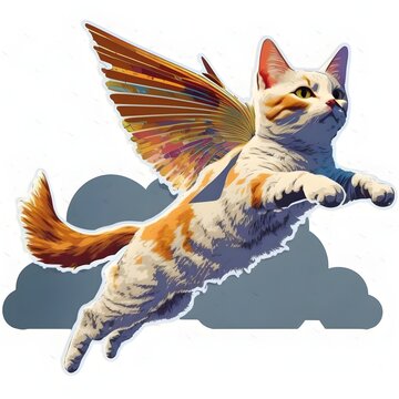 a flying cat with two wings above sky pop art paper texture white background isolated 8K 